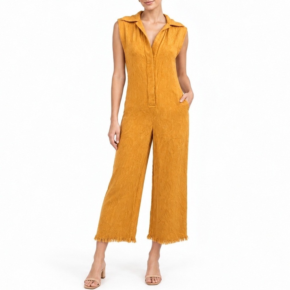 Zara Jumpsuit Women XS Orange Paisley Jacquard Frayed Hem Boho Chic Resort Artsy
